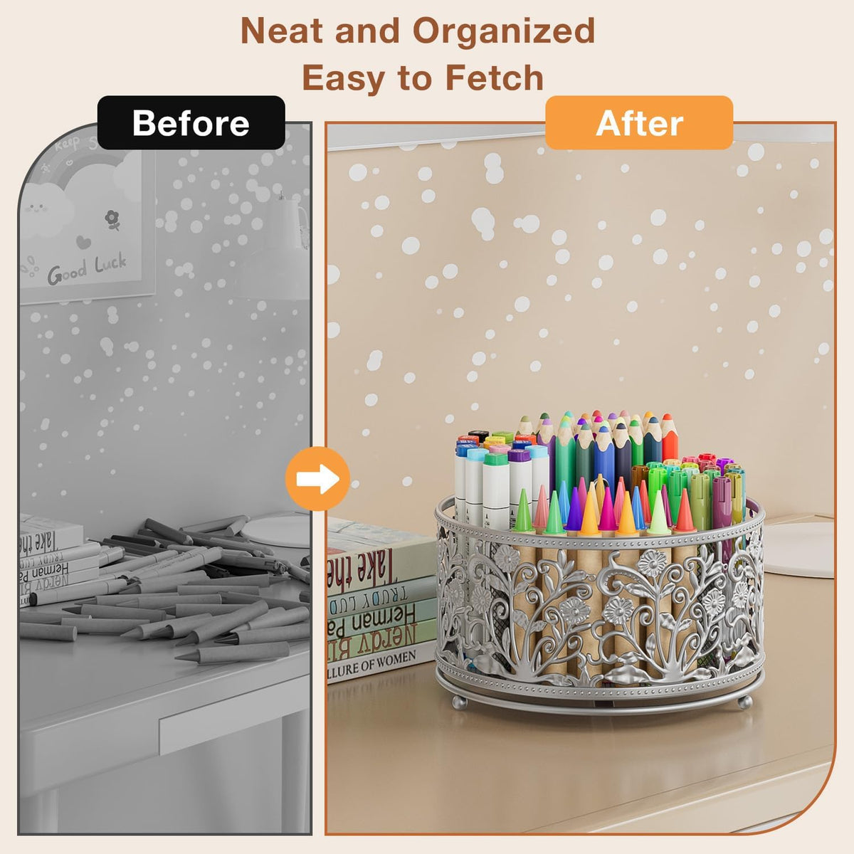 EKNITEY Pencil Pen Holder For Desk - Rotating Pencil Cup Organizer Cute Desktop Caddy with 4 Slots for Art Supplies School Home