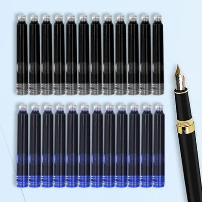 Dryden Designs Ink Cartridges for Fountain Pen | Set of 24 (12 Black & 12 Blue) - Short International Standard Size - Disposable and Generic Ink Refill Cartridges - Perfect for Calligraphy