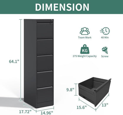 5 Drawer File Cabinet with Lock,Metal Vertical Filing Cabinets for Home Office,Heavy Duty File Storage Cabinet for Letter/Legal/A4/F4 Size File,Assembly Require (Black, Vertical 5 Drawer)