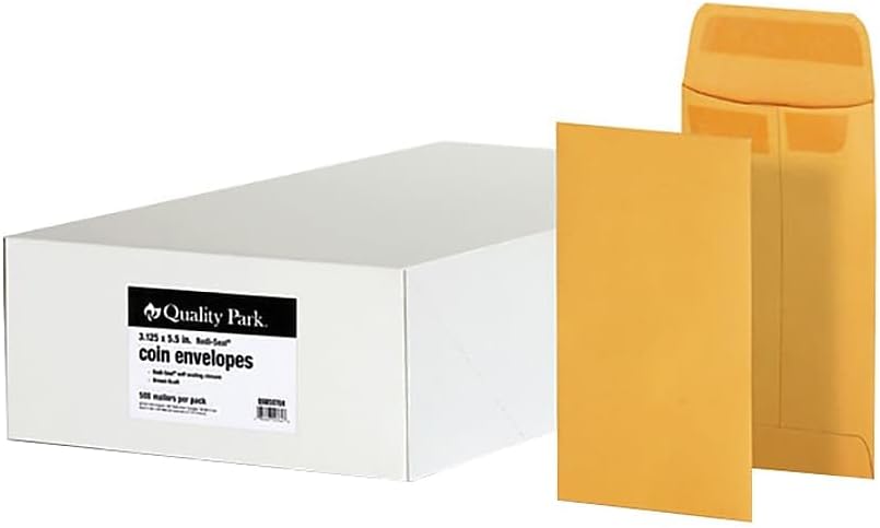 Quality Park #5 Coin and Small Parts Envelopes, Self Seal, for Home, Office, Garden, 24 lb Brown Kraft, 3-1/8 x 5-1/4 Inches, 500/Box (QUA50764)