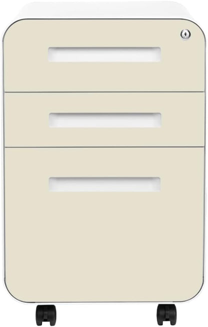 Laura Davidson Furniture Stockpile 3 Drawer File Cabinet with Lock - Under Office Desk Metal Filing Cabinet, Legal/Letter File Folders, Wheels and Stationary Feet, Pre-Assembled, Ivory