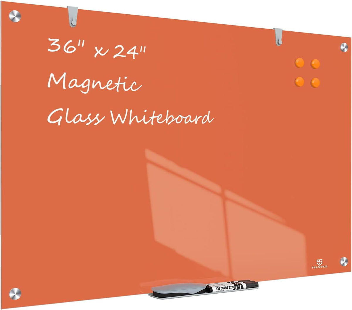 TSJ OFFICE Glass Dry-Erase Board - 36 x 24 Inches Wall Mounted Magnetic Whiteboard, Large Frameless Glass White Board for Office, Home & School, Orange