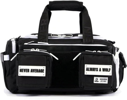 WOLFpak 20L Mini Duffle Bag for Gym & Travel | Waterproof Carry-On Weekender Bag with Shoe Compartment, Hard Bottom, and Tactical Molle System (Black with White Accents)