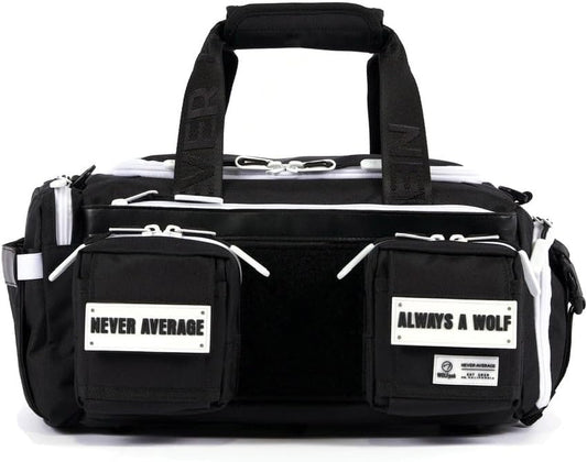 WOLFpak 20L Mini Duffle Bag for Gym & Travel | Waterproof Carry-On Weekender Bag with Shoe Compartment, Hard Bottom, and Tactical Molle System (Black with White Accents)