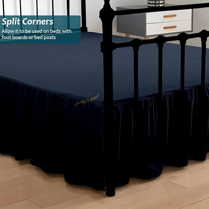 Shreem Linen Ruffled Bed Skirt with Split Corners, Gathered Style, 100% Microfiber, 15-Inch Drop, Dust Ruffle Bedskirt with Platform, Twin-XL, Navy Blue