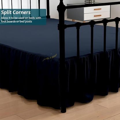 Shreem Linen Ruffled Bed Skirt with Split Corners, Gathered Style, 100% Microfiber, 15-Inch Drop, Dust Ruffle Bedskirt with Platform, Twin-XL, Navy Blue