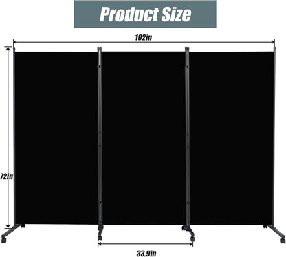 Room Divider Folding Privacy Screens with Wheels, 6FT Tall Divider for Room Separation, 3 Panel Movable Room Partitons and Dividers, Indoor Room Dividers Panel with Non-See Through Fabric for Office