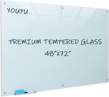Magnetic Glass Writeboard 72"x48" Premium Tempered Dry Erase Boards Wall Mounted Frameless Whiteboard Bulletin Message Boards (White)