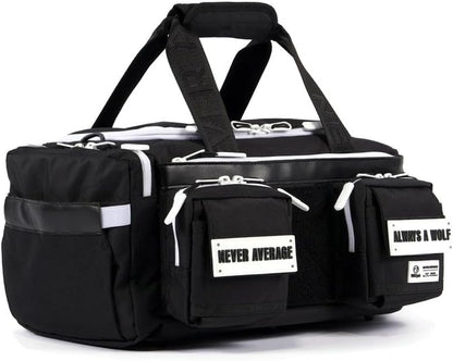 WOLFpak 20L Mini Duffle Bag for Gym & Travel | Waterproof Carry-On Weekender Bag with Shoe Compartment, Hard Bottom, and Tactical Molle System (Black with White Accents)
