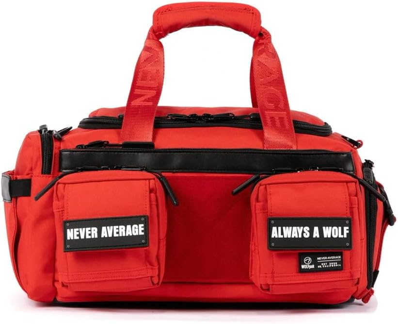 WOLFpak 20L Mini Duffle Bag for Gym & Travel | Waterproof Carry-On Weekender Bag with Shoe Compartment, Hard Bottom, and Tactical Molle System (Elite Red)