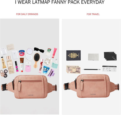 3L TRIPLE ZIP Fanny Packs Belt Bag For Women Men Crossbody Waist Pack Sling Chest Bum Travel Bag Purse Faux Leather Fashion Cute Light Pink