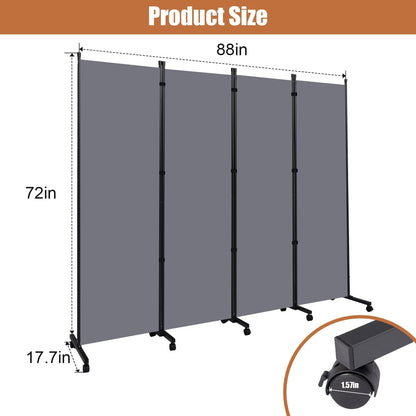 Room Divider Portable 88'' Partition Room Dividers and Folding Privacy Screens 4 Panel Wall Divider for Room Separation，Freestanding Fabric Room Divider Panel with Wheels for Home Office Hospital