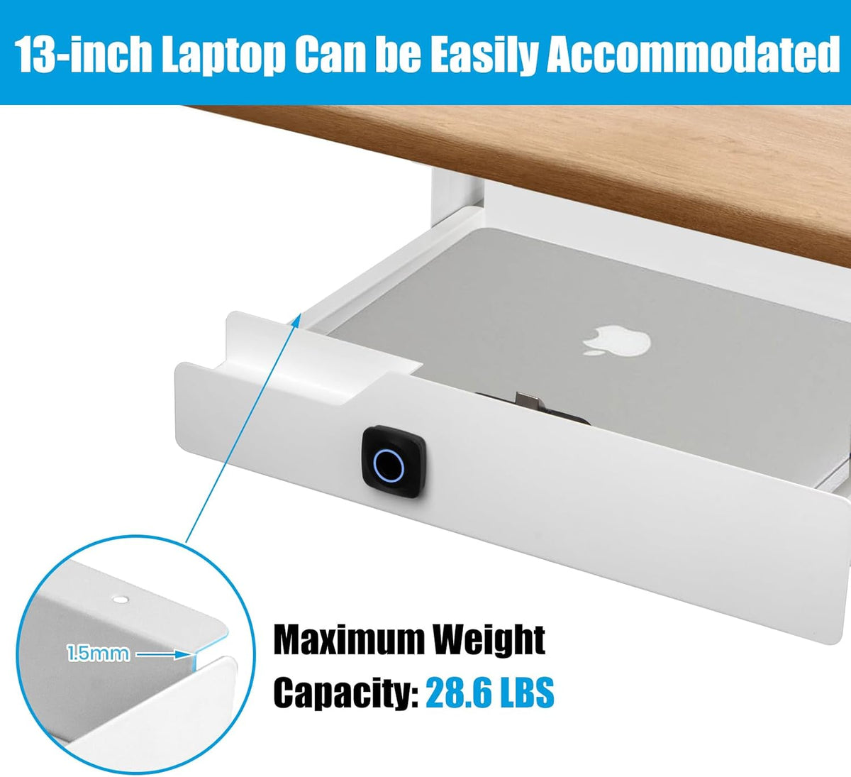 Under Desk Drawer with Lock, 16 inch Under Desk Storage Drawer, Under Desk Mounted Pull Out Drawer with Biometric Lock
