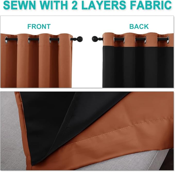 NICETOWN 100% Blackout Curtains 57 inches Long, Double-Deck Completely Blackout Window Treatment Thermal Insulated Lined Drapes for Small Window (Burnt Orange, 1 Pair, 55 inches Width Each Panel)