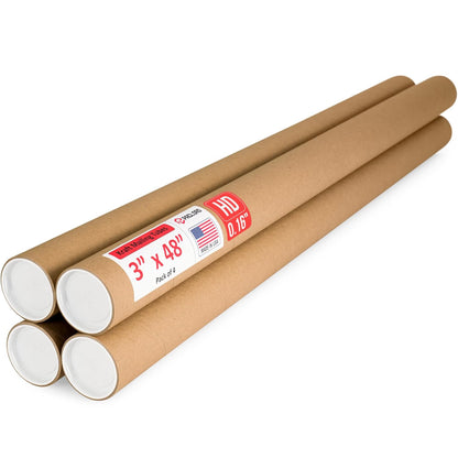 3" x 48" Heavy-Duty Reinforced Cardboard Mailing Tube, Pack of 4 Tubes with 8 Caps – Secure USPS Approved – Great for Shipping and Storing of Prints, Artwork, Posters or Documents