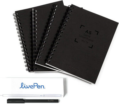 Livescribe LivePen Starter Set | Sync Real Ink and Paper Notes to Phone, Web, Tablet, Desktop, Laptop | Record Audio Synced to Notes | Includes Smart Pen and A5 Journal Notebooks (4-Pack) | APNX-70103