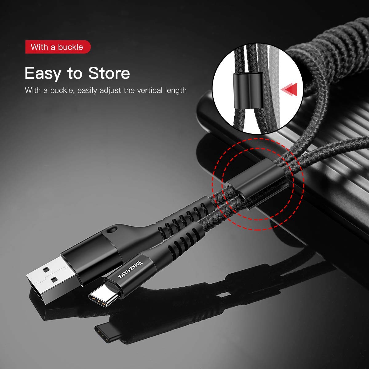 Baseus USB Type C Cable for Car, Retractable Cable(3FT) Curly USB A to USB-C Fast Charger Cord Compatible Samsung Galaxy S10 S9 S8 Plus Note 9 8, Moto Z, LG5/G6/V20, USB C Devices (Black)