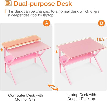 ODK Small Desk, 27.5 Inch Computer Desk for Small Spaces, Study Desk with Storage & Monitor Stand, Pink