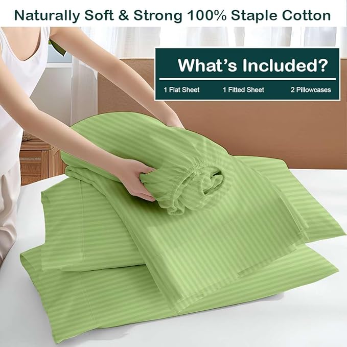 NON Sticky cotton Full Size Sleeper Sofa Sheets, 4 Piece Egyptian Cotton Bed Sheet Set for Sofa Bed, 10" Deep Pocket for Pull Out Couch Mattress, 54" x 75", Sage Stripe, Soft & Breathable
