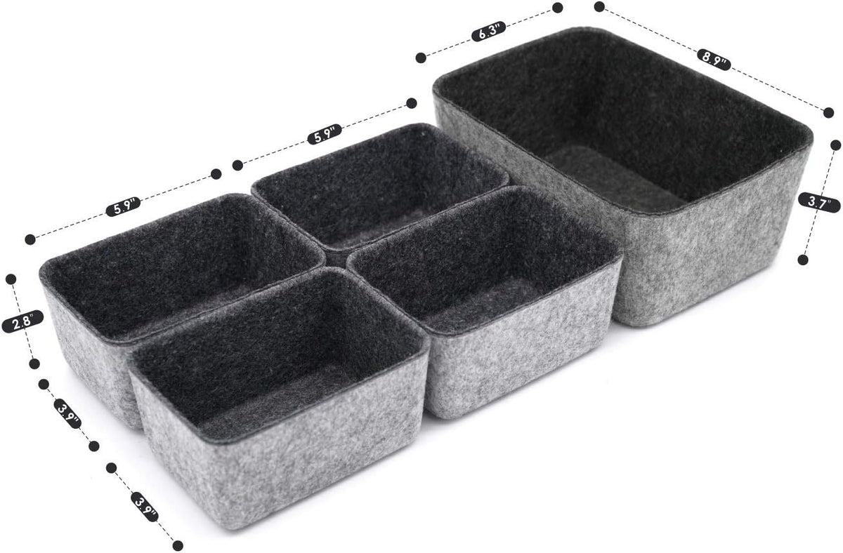 Welaxy office Drawer organizers bins Deep draw organiser Felt storage bin drawers Desk draw dividers boxes for toys makeup jewelery rolled ties organizing 5 pack (Charcoal)