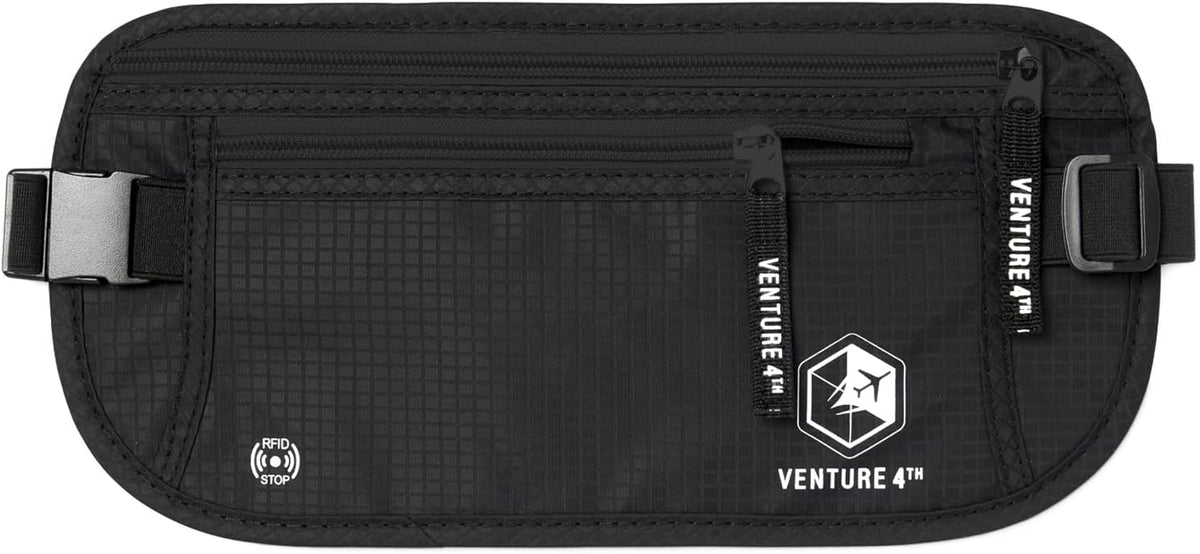 VENTURE 4TH Travel Money Belt - Slim Passport Holder RFID Blocking Travel Pouch to Protect Cash, Credit Cards and Travel Documents (Pure Black)
