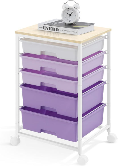 Utility Cart with 5 Drawers,Storage Drawer Cart with Wooden Tabletop and Lockable Wheels,Craft Storage Trolley Cart,5-Tier Rolling Utility Cart on Wheels,Purple