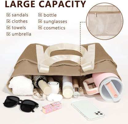 Waterproof Sandproof Beach Bag with Zipper and 6 Pockets - Foldable Lightweight Tote for Pool, Travel