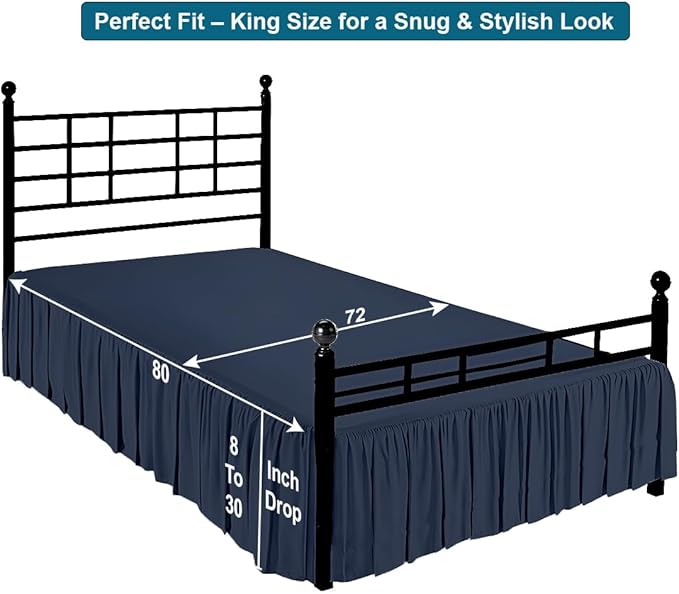 Shreem Linen Ruffled Bed Skirt with Split Corners, Gathered Style, 100% Microfiber, 21-Inch Drop, Dust Ruffle Bedskirt with Platform, King, Navy Blue