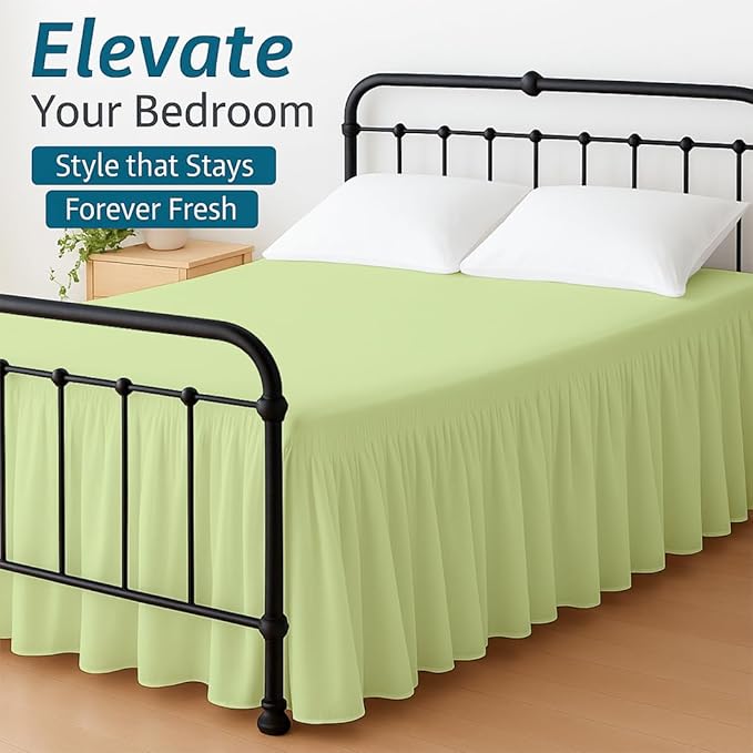 Shreem Linen Ruffled Bed Skirt with Split Corners, Gathered Style, 100% Microfiber, 30-Inch Drop, Dust Ruffle Bedskirt with Platform, Queen-XL, Sage