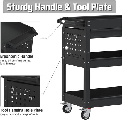 3 Tier Rolling Tool Cart, 400 LBS Capacity Mechanic Tool Carts on Wheels, Heavy Duty Utility Cart with Drawers, Metal Work Cart for Garage, Warehouse and Repair Shop, Matte Black