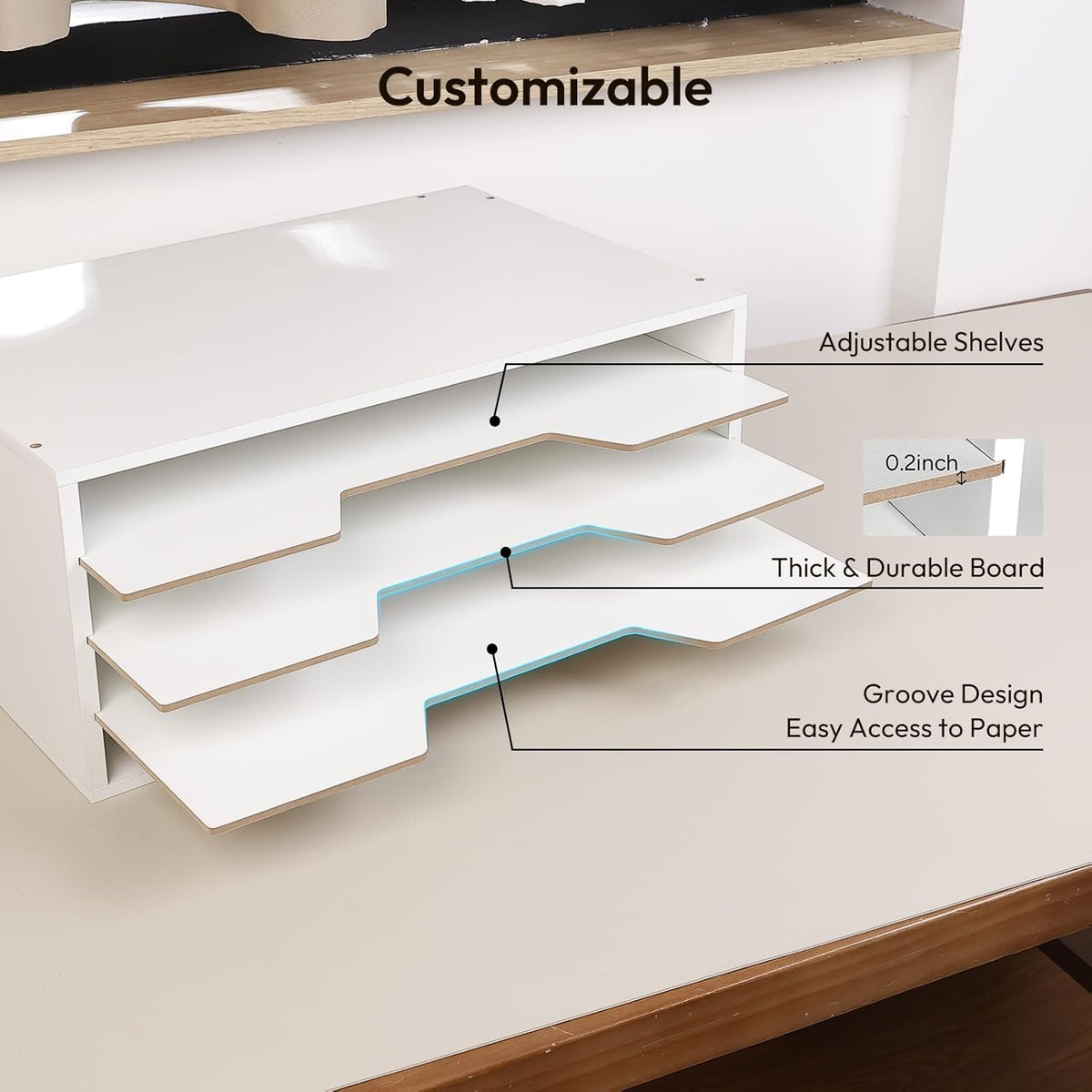 12x18 Construction Paper Organizer, 4-Tiers Paper Storage Shelf, Wooden Desk Organizer, File Holder and Letter Tray for Office, Home, Classroom