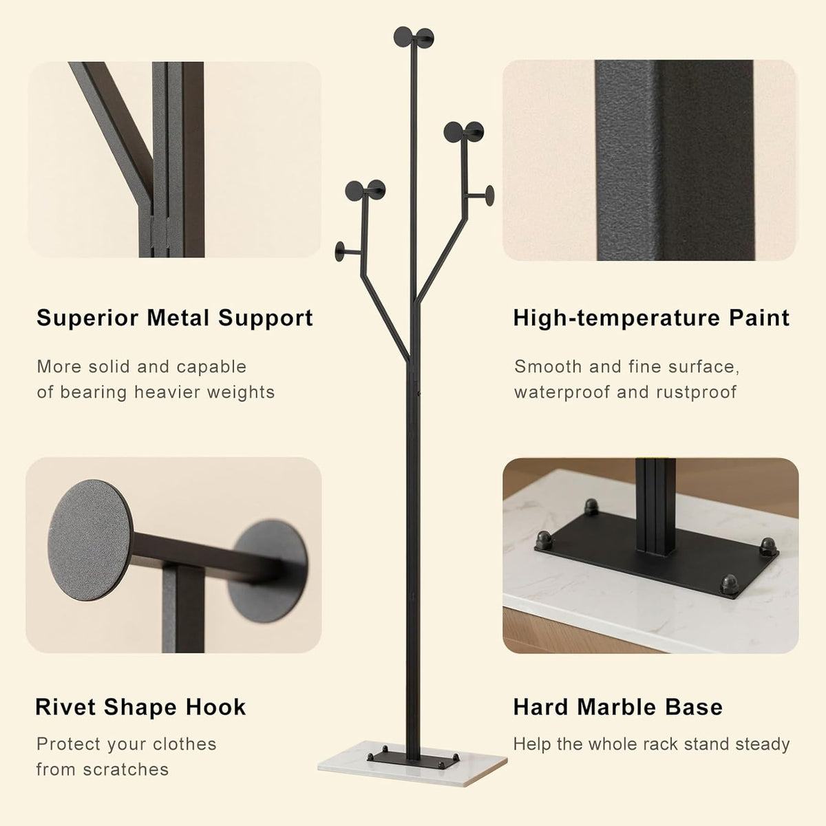 Heavy Duty Coat Rack Tree-shaped Metal Freestanding Coat Tree with Sturdy Marble Base Corner Coat Rack for Bedroom Entryway Hallway 14.96 x 10.24 x 68.9 Inches (Black)