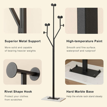 Heavy Duty Coat Rack Tree-shaped Metal Freestanding Coat Tree with Sturdy Marble Base Corner Coat Rack for Bedroom Entryway Hallway 14.96 x 10.24 x 68.9 Inches (Black)