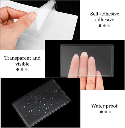 100 Self-adhesive Index Card Pockets Label Pockets sleeves with Top Open for Business Cards, Clear Plastic Sticky Labels Holders for Storage Bins Library Cards, Organizing Totes Shelves(7.3 x 5.67'')