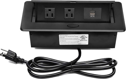 UL Listed Power Strip, Kungfuking Pop Up Power Cover Box Desktop Socket with Dual USB Charging Ports, Stainless Steel Receptacle Outlet for Conference Room Countertop (Black)