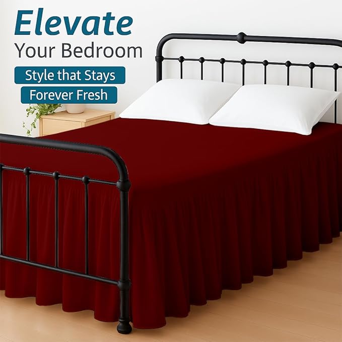 Shreem Linen Ruffled Bed Skirt with Split Corners, Gathered Style, 100% Microfiber, 16-Inch Drop, Dust Ruffle Bedskirt with Platform, Full-XL, Burgundy