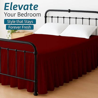 Shreem Linen Ruffled Bed Skirt with Split Corners, Gathered Style, 100% Microfiber, 8-Inch Drop, Dust Ruffle Bedskirt with Platform, Queen, Burgundy