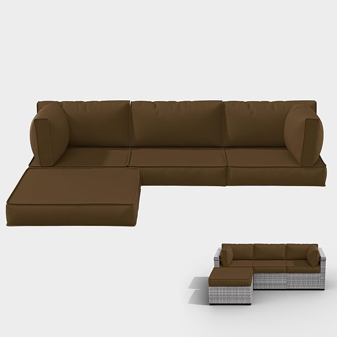 Outdoor Cushions for Patio Furniture with 5 Pillows, Waterproof Patio Furniture Cushions Replacement, 4" Deep Seat Outdoor Sectional Cushions for 4-seat Patio Furniture Chair Sofa Couch,Chocolate