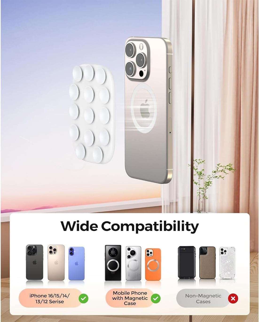 Magnetic Phone Suction Grip, Shower Phone Holder for MagSafe, Octo Phone Sticky Buddy Suction Grip for iPhone 16 15 14 13 12, Birthday Christmas for Women White