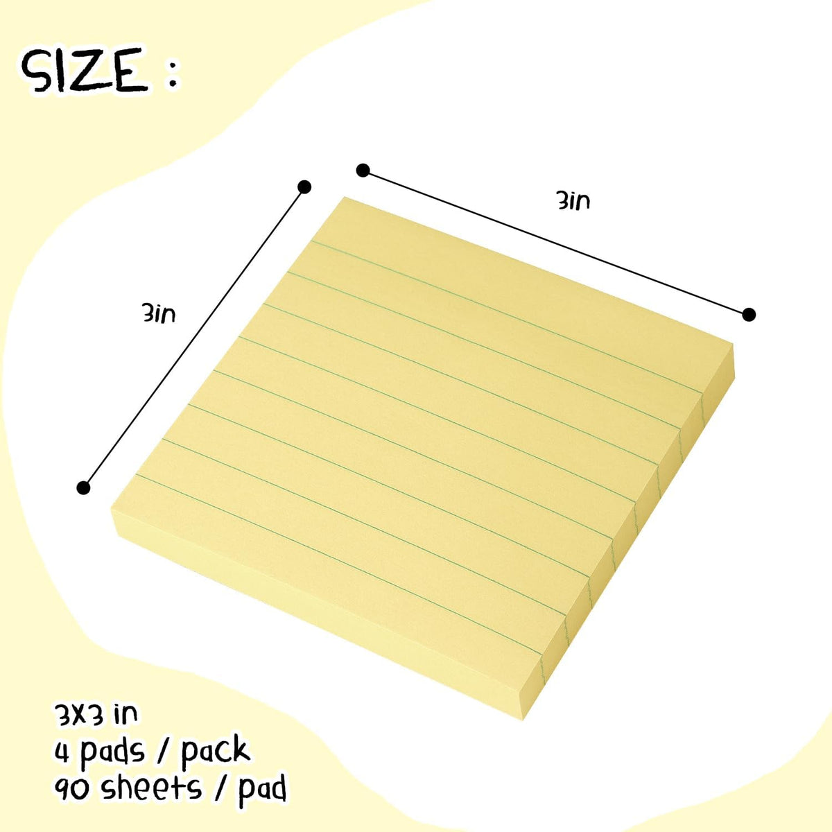 Lined Sticky Notes 3x3 Sticky Notes with Lines Self-Stick Notes Bright Color 4 Pads 90 Sheets/Pad (Yellow)