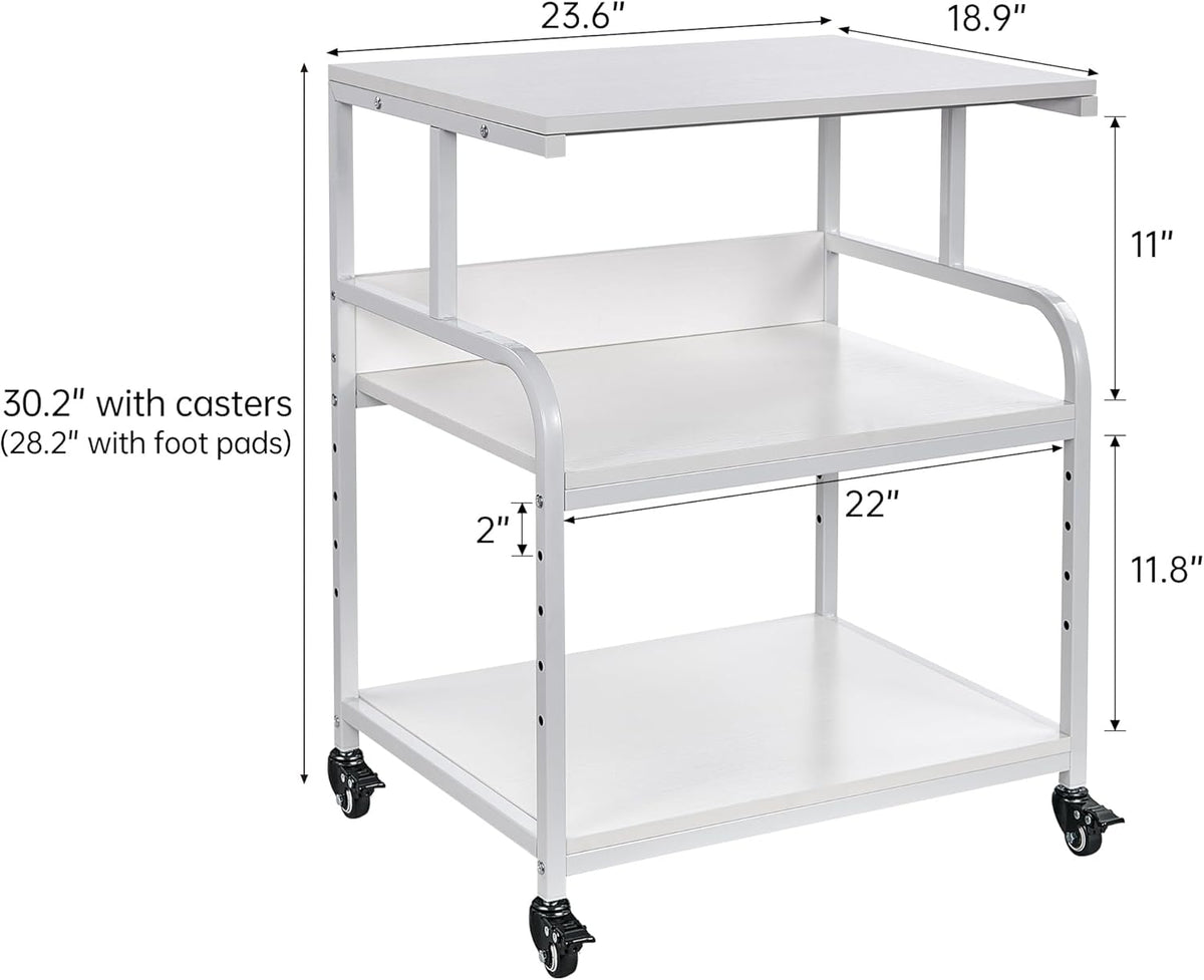 White Printer Stand, 23.6 x18.9 x 30 Inches Big Size Printer Table with Adjustable Shelf, 3 Tier Rolling Printer Cart with Wheels for Home Office Storage and Organization