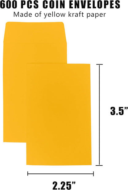 #1 600 Pcs Small Coin Envelopes 2.25" x 3.5" with Gummed Flap, Yellow Kraft Mini Envelopes for Storing Keys, Stamps, Seeds, Tips and Small Items (600)