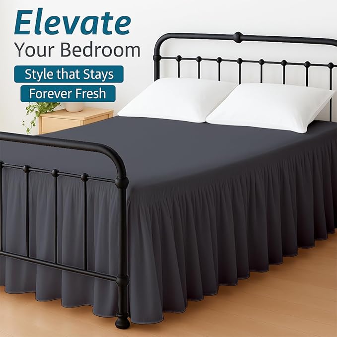 Shreem Linen Ruffled Bed Skirt with Split Corners, Gathered Style, 100% Microfiber, 8-Inch Drop, Dust Ruffle Bedskirt with Platform, Full-XL, Dark Grey