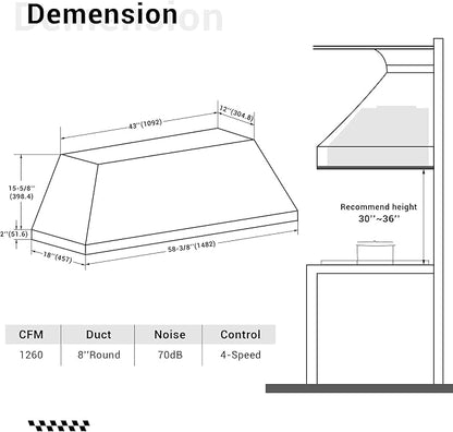 CHETTO C Stainless Steel Range Hood Cover with 4-Speed Vent Hood Insert Custom Handmade Metal Kitchen Fan with Towel Rack LED Light 60"W x21"D x18"H Black Wall Mount