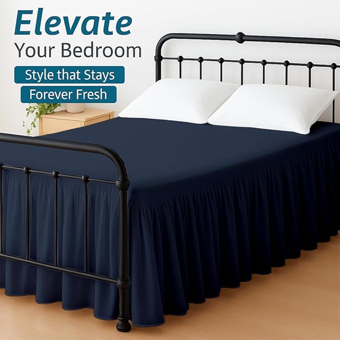 Shreem Linen Ruffled Bed Skirt with Split Corners, Gathered Style, 100% Microfiber, 8-Inch Drop, Dust Ruffle Bedskirt with Platform, Olympic Queen, Navy Blue