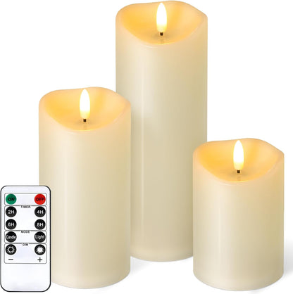 Outdoor Flameless Candles with Remote Timer - Waterproof Realistic Flickering LED Pillar Electric Battery Operated Fake Candle for Holiday Home Wedding Fireplace Decor - Ivory 3 Pack (D3”H4”6”8”)