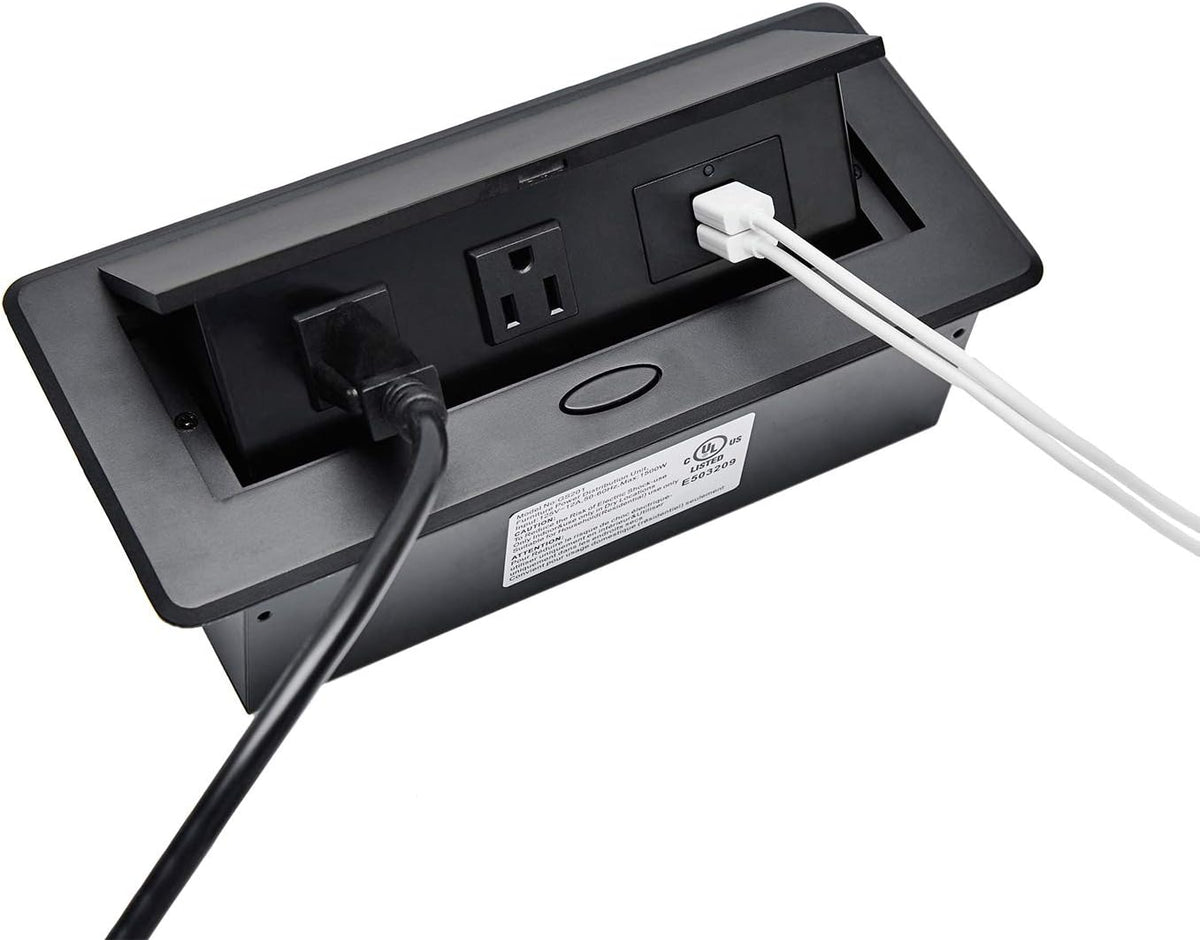 UL Listed Power Strip, Kungfuking Pop Up Power Cover Box Desktop Socket with Dual USB Charging Ports, Stainless Steel Receptacle Outlet for Conference Room Countertop (Black)