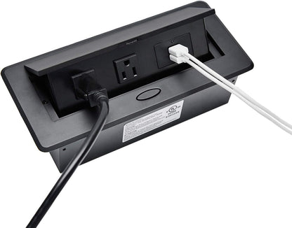 UL Listed Power Strip, Kungfuking Pop Up Power Cover Box Desktop Socket with Dual USB Charging Ports, Stainless Steel Receptacle Outlet for Conference Room Countertop (Black)