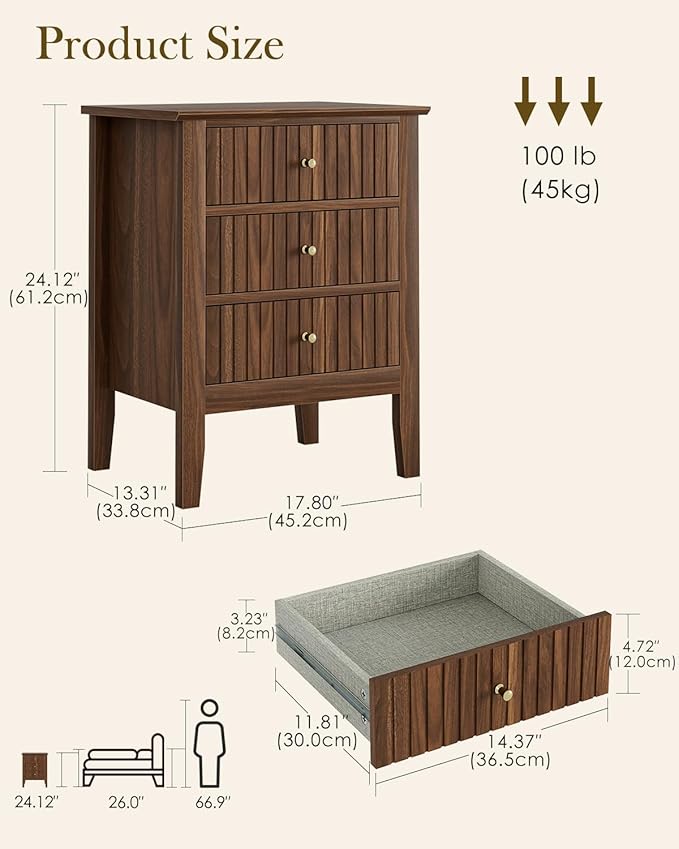 Night Stand, Fluted Nightstand Bedside Tall Farmhouse Nightstand with 3 Drawers, Mid Century Modern Side Accent Table,Bedside End Table for Bedroom, Living Room, Walnut