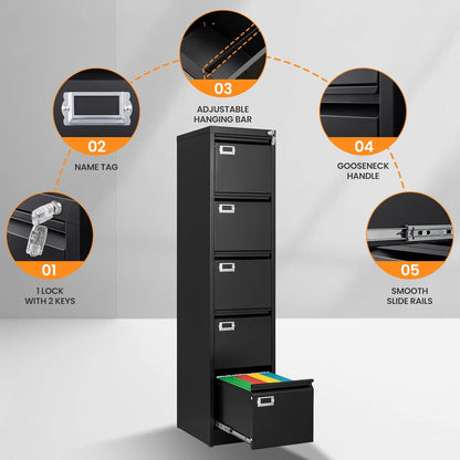 5 Drawer File Cabinet with Lock, Metal Filing Cabinets for Home Office, Vertical Black Locking File Caninet, Steel Narrow Five Drawer File Cabnet for Letter/Legal / A4 / B4- Assembly Required